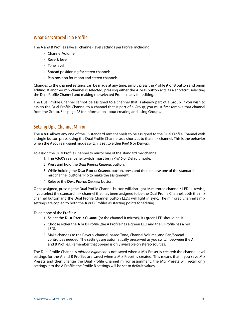 What gets stored in a profile, Setting up a channel mirror | Aviom A360 User Manual | Page 22 / 89