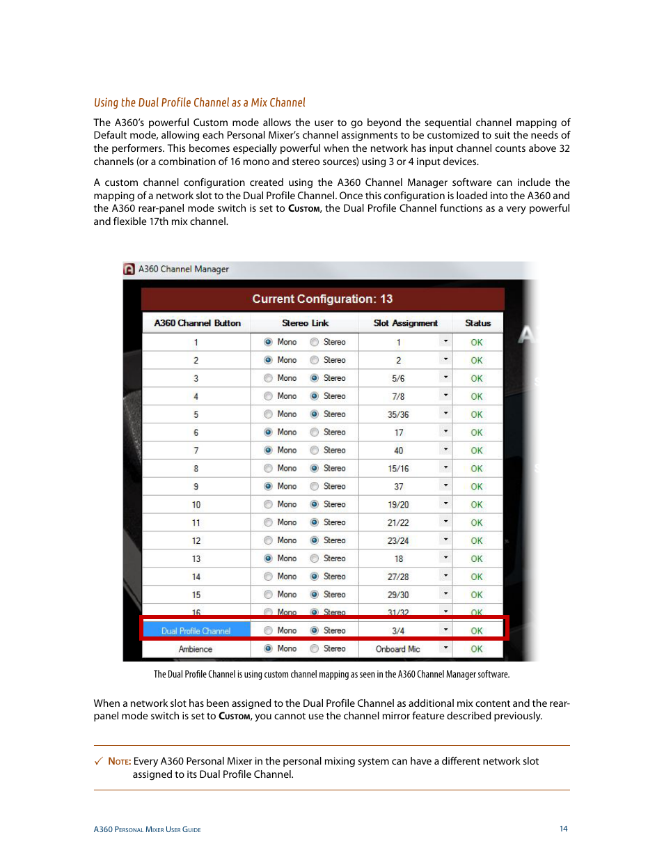 Using the dual profile channel as a mix channel | Aviom A360 User Manual | Page 23 / 89