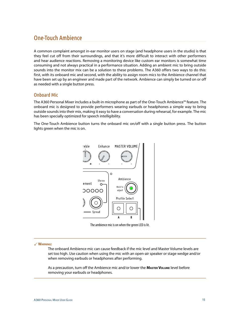 One-touch ambience, Onboard mic | Aviom A360 User Manual | Page 24 / 89