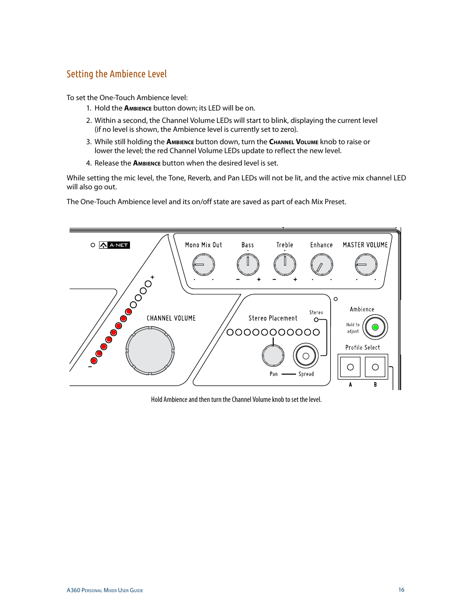 Setting the ambience level | Aviom A360 User Manual | Page 25 / 89