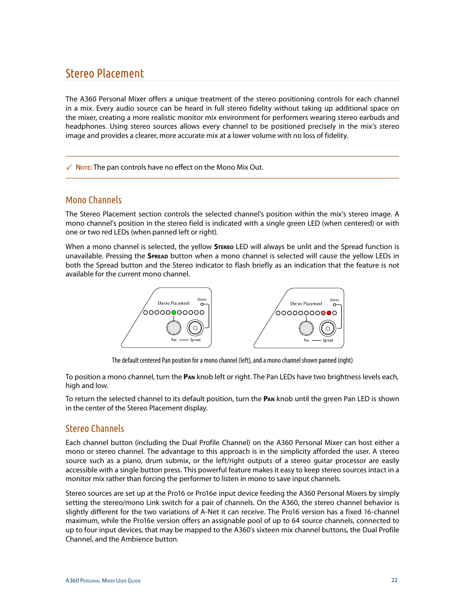 Stereo placement, Mono channels, Stereo channels | Mono channels stereo channels | Aviom A360 User Manual | Page 31 / 89