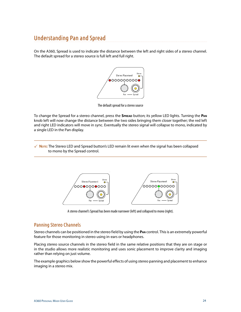 Understanding pan and spread, Panning stereo channels | Aviom A360 User Manual | Page 33 / 89