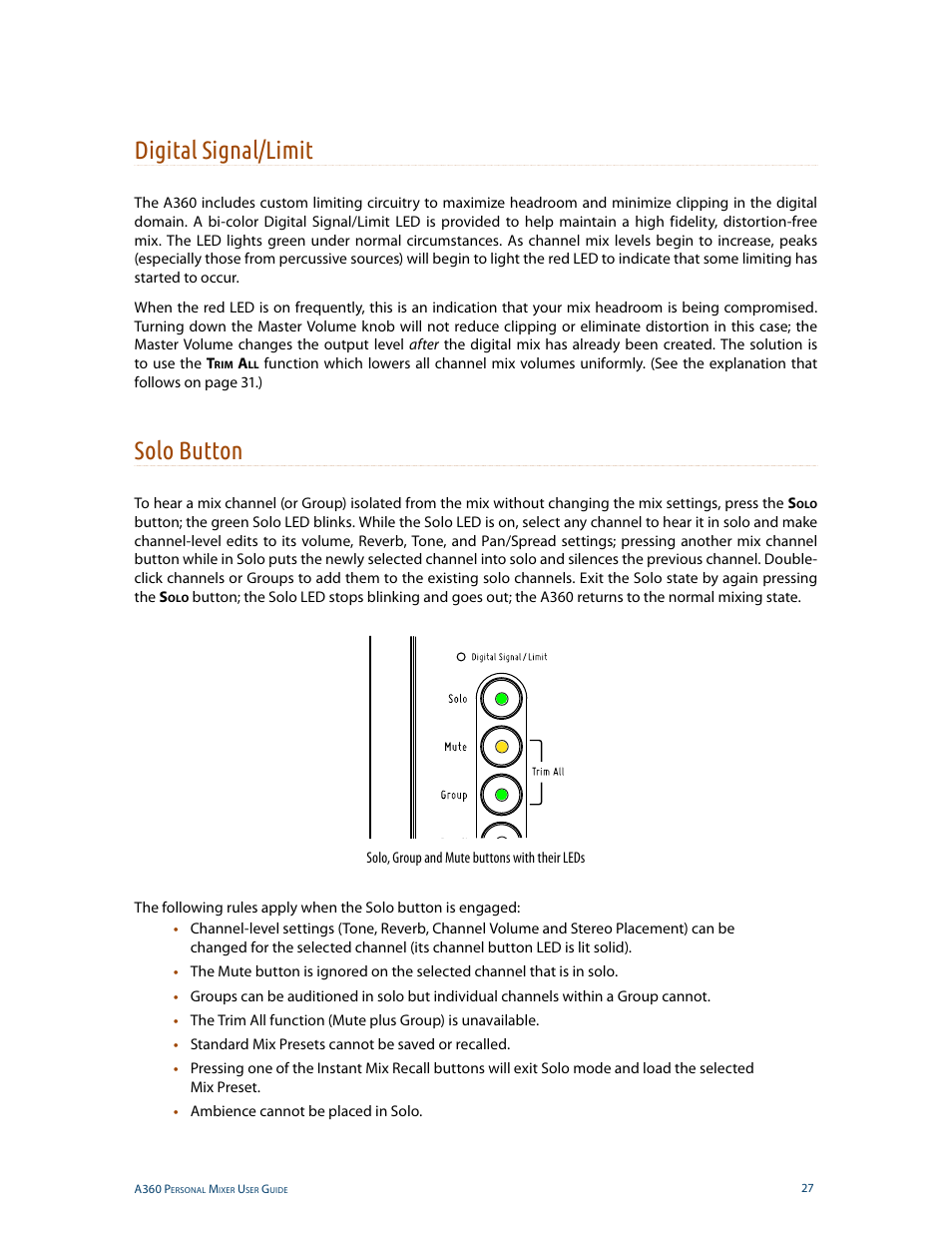 Digital signal/limit, Solo button, Digital signal/limit solo button | Aviom A360 User Manual | Page 36 / 89