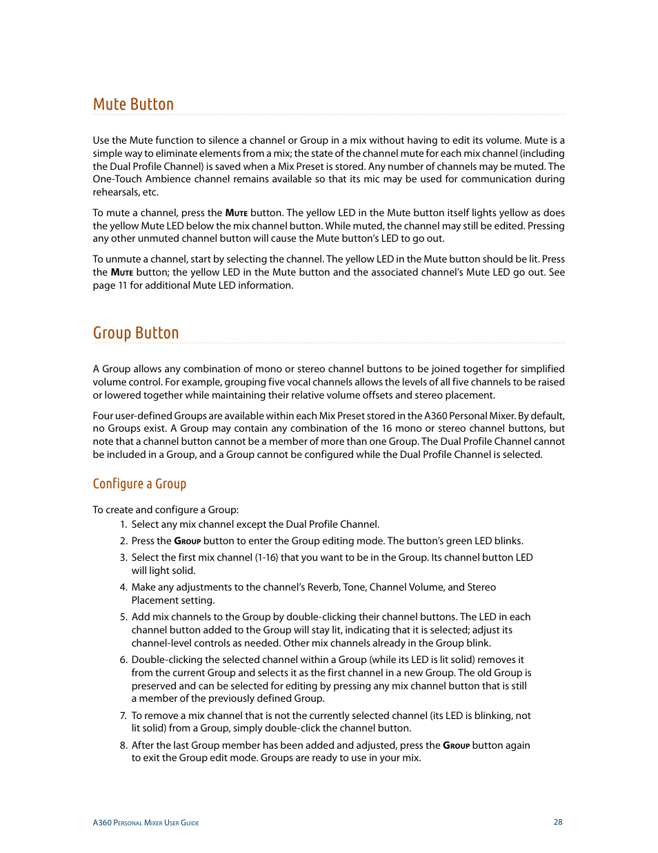 Mute button, Group button, Configure a group | Mute button group button | Aviom A360 User Manual | Page 37 / 89