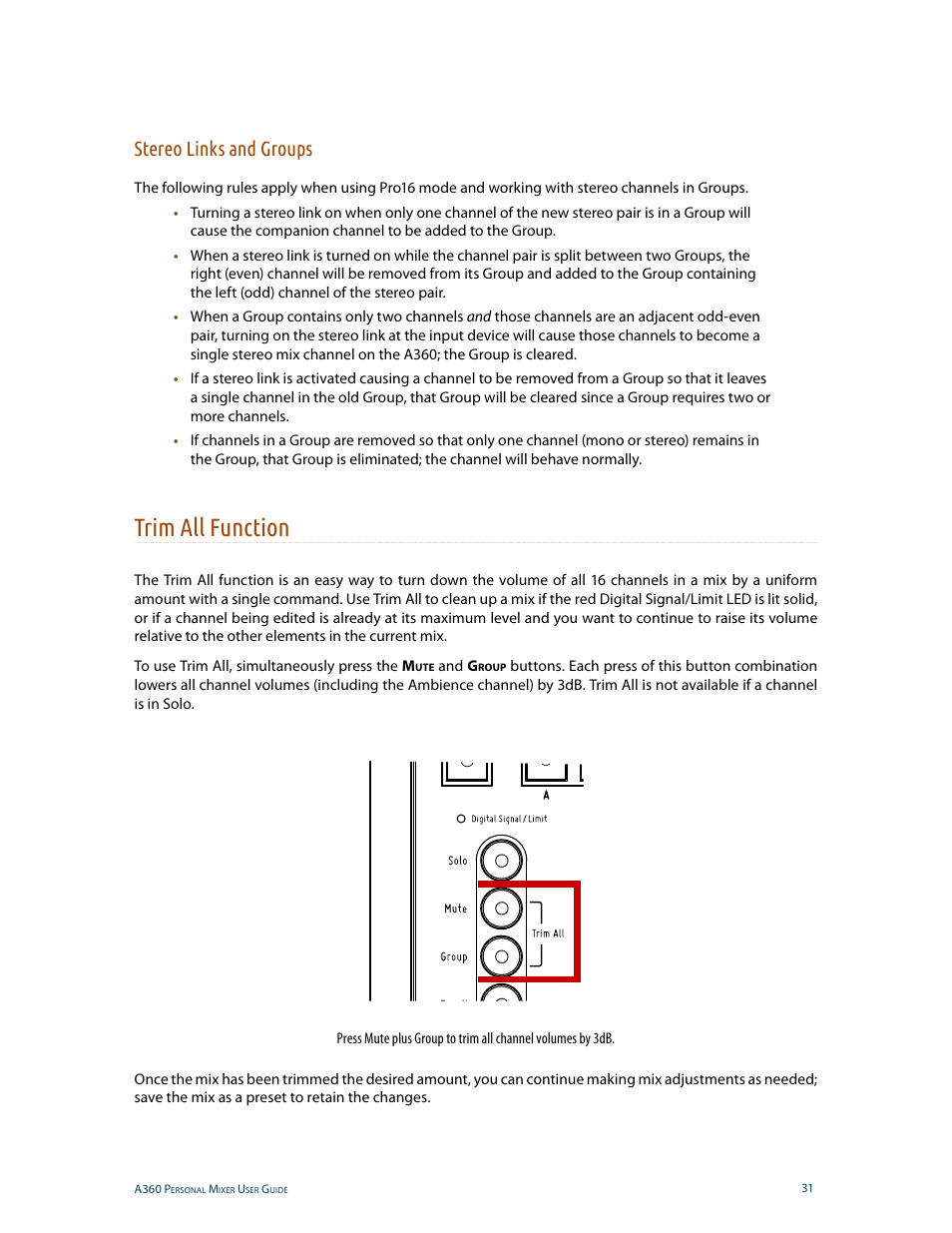 Stereo links and groups, Trim all function | Aviom A360 User Manual | Page 40 / 89