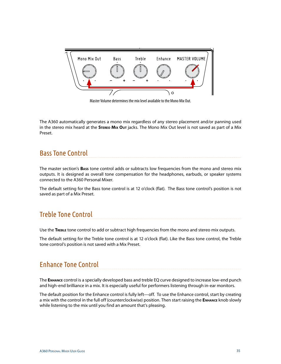 Bass tone control, Treble tone control, Enhance tone control | Aviom A360 User Manual | Page 44 / 89