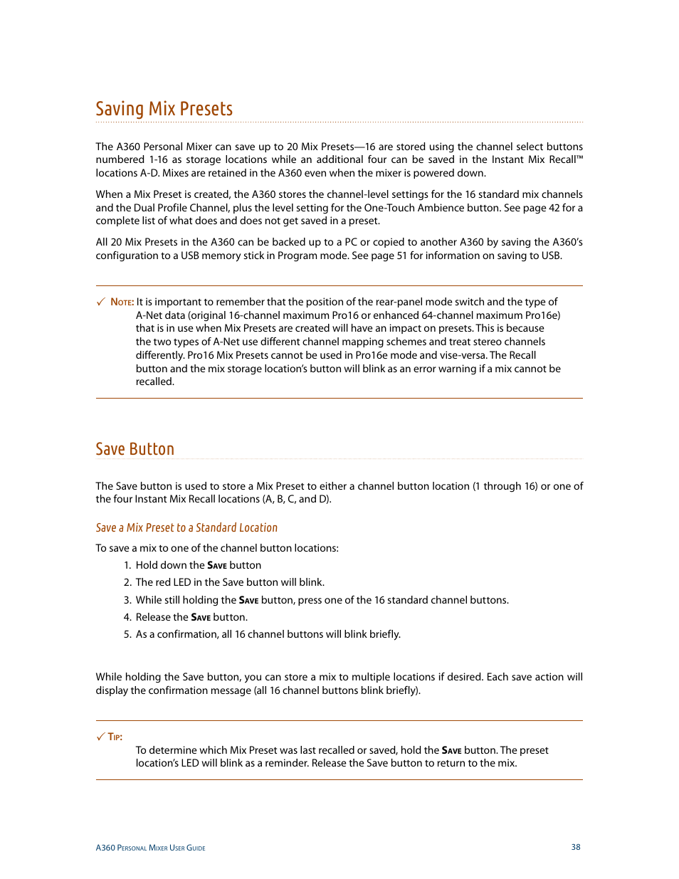 Saving mix presets, Save button, Save a mix preset to a standard location | Saving mix presets save button | Aviom A360 User Manual | Page 47 / 89