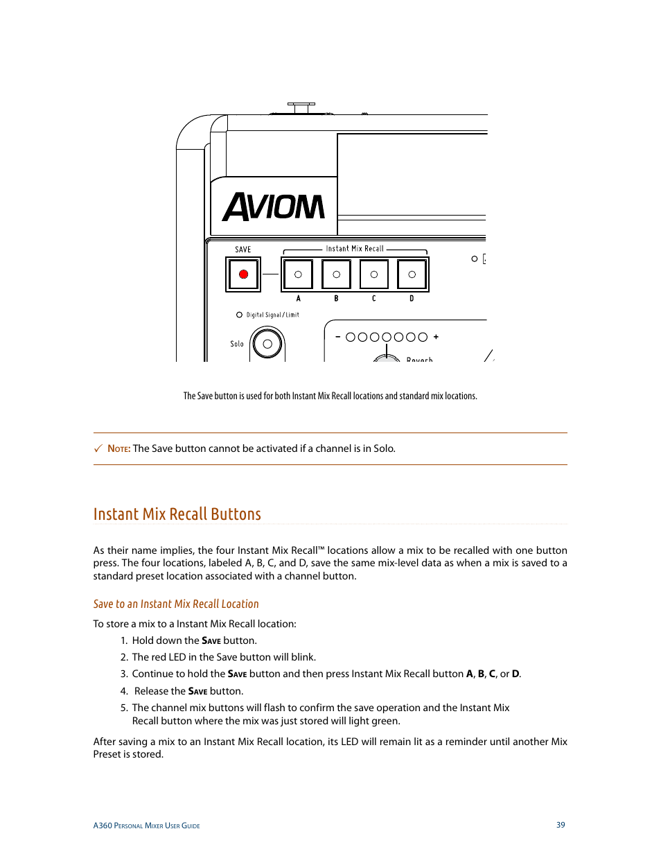 Instant mix recall buttons, Save to an instant mix recall location | Aviom A360 User Manual | Page 48 / 89