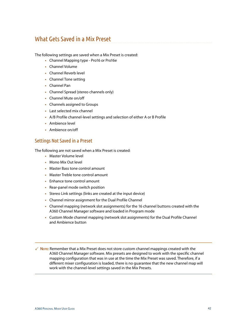 What gets saved in a mix preset, Settings not saved in a preset | Aviom A360 User Manual | Page 51 / 89