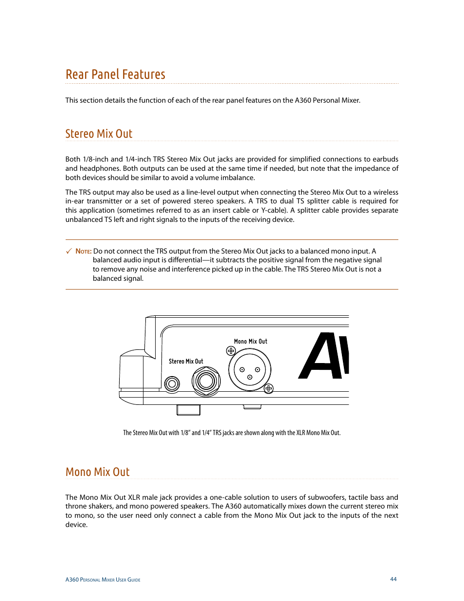 Rear panel features, Stereo mix out, Mono mix out | Rear panel features stereo mix out mono mix out | Aviom A360 User Manual | Page 53 / 89