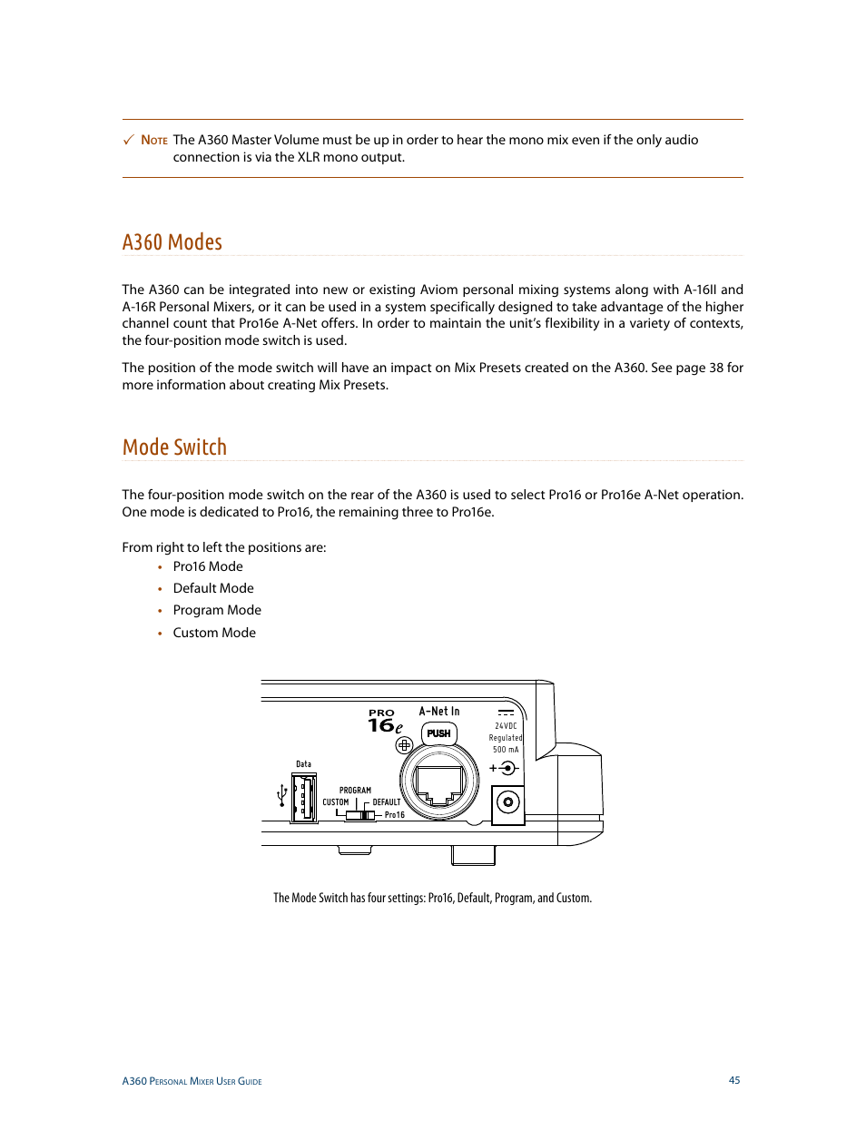 A360 modes, Mode switch, A360 modes mode switch | Aviom A360 User Manual | Page 54 / 89