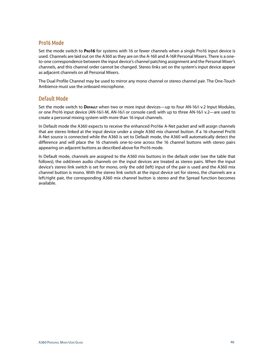Pro16 mode, Default mode, Pro16 mode default mode | Aviom A360 User Manual | Page 55 / 89