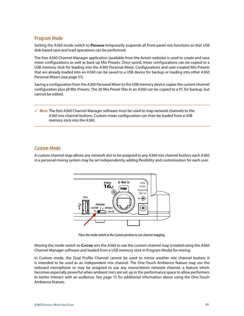 Program mode, Custom mode, Program mode custom mode | Aviom A360 User Manual | Page 58 / 89