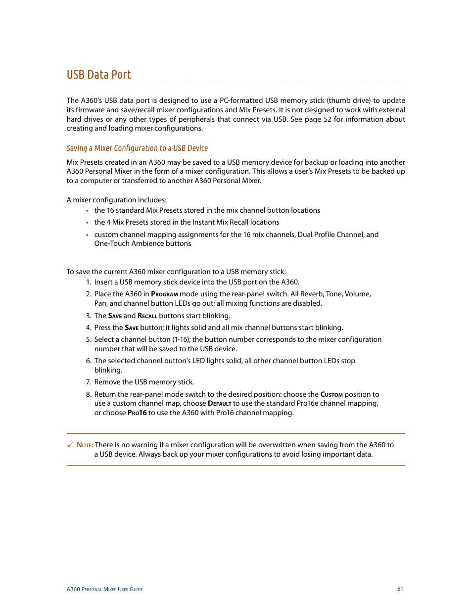 Usb data port, Saving a mixer configuration to a usb device | Aviom A360 User Manual | Page 60 / 89
