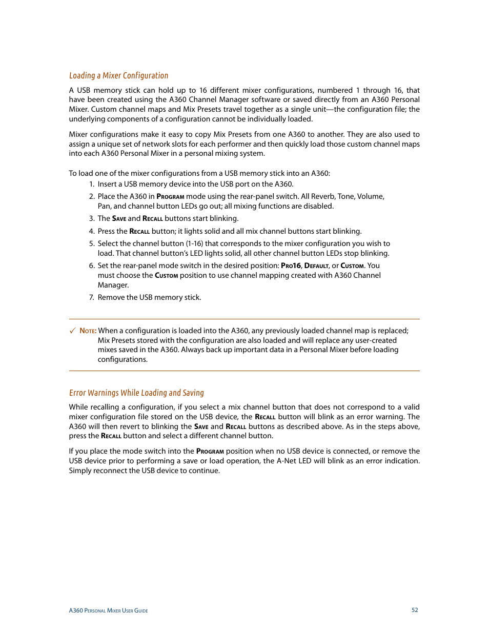 Loading a mixer configuration, Error warnings while loading and saving | Aviom A360 User Manual | Page 61 / 89