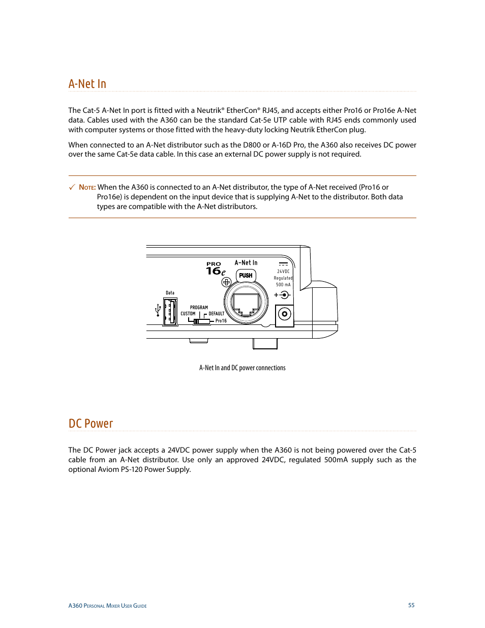 A-net in, Dc power, A-net in dc power | Aviom A360 User Manual | Page 64 / 89