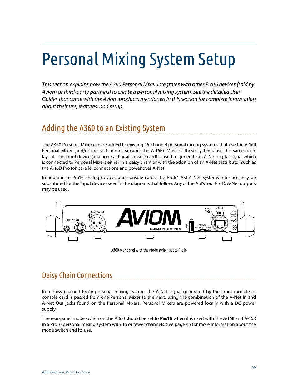 Personal mixing system setup, Adding the a360 to an existing system, Daisy chain connections | Aviom A360 User Manual | Page 65 / 89