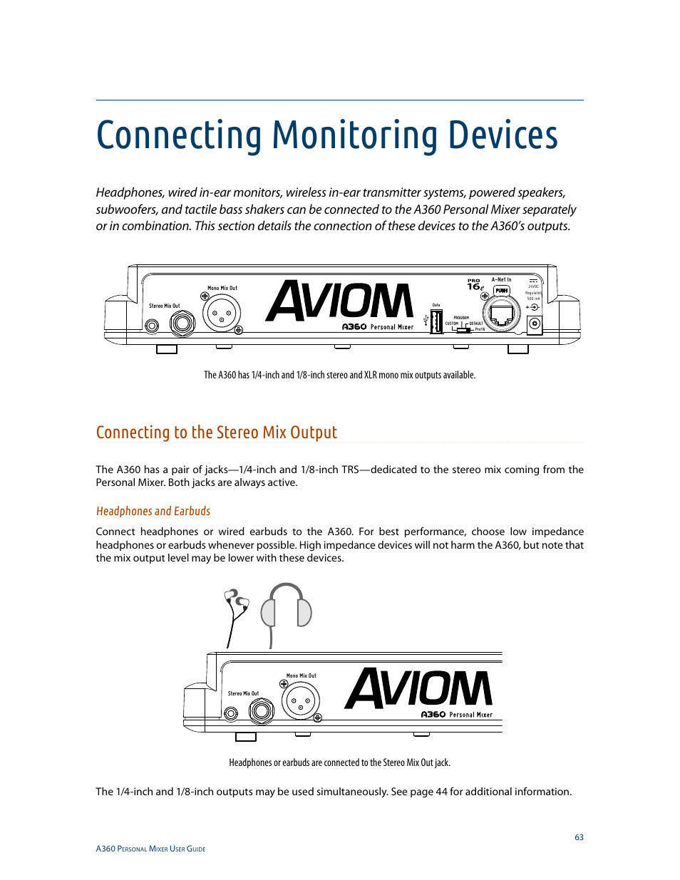 Connecting monitoring devices, Connecting to the stereo mix output, Headphones and earbuds | Aviom A360 User Manual | Page 72 / 89