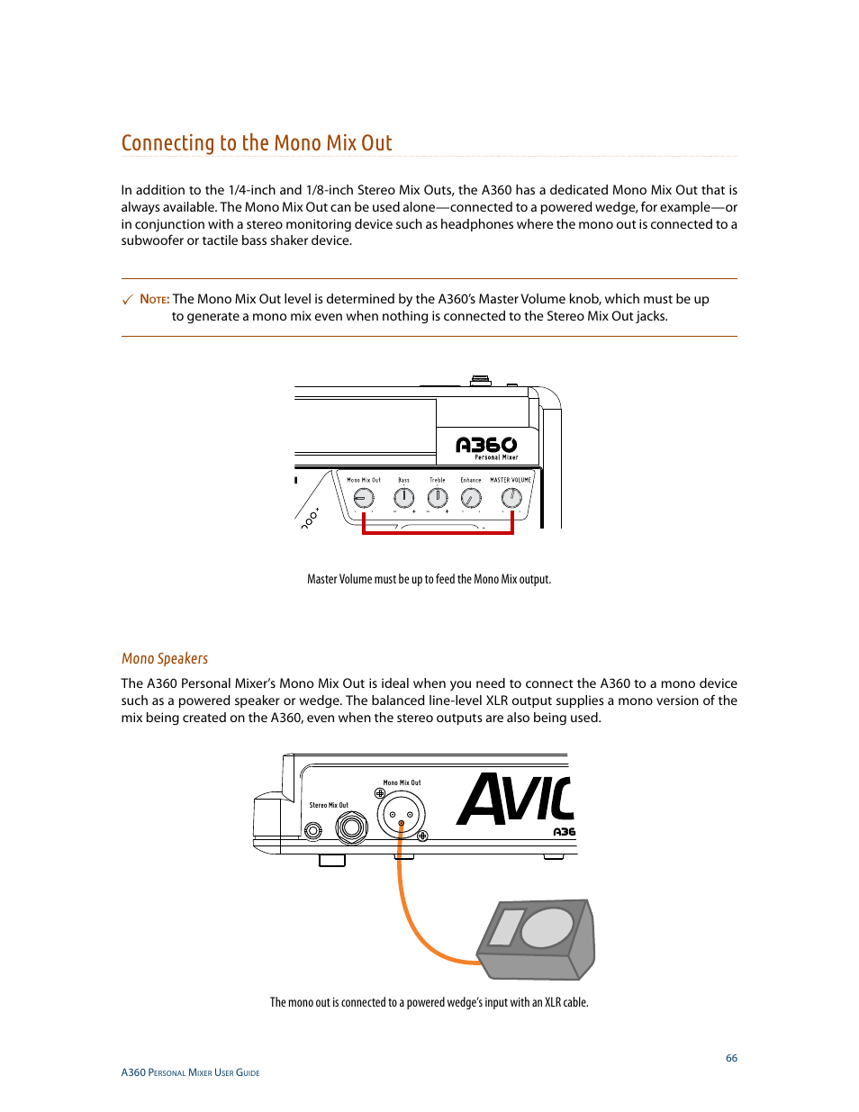 Connecting to the mono mix out, Mono speakers | Aviom A360 User Manual | Page 75 / 89