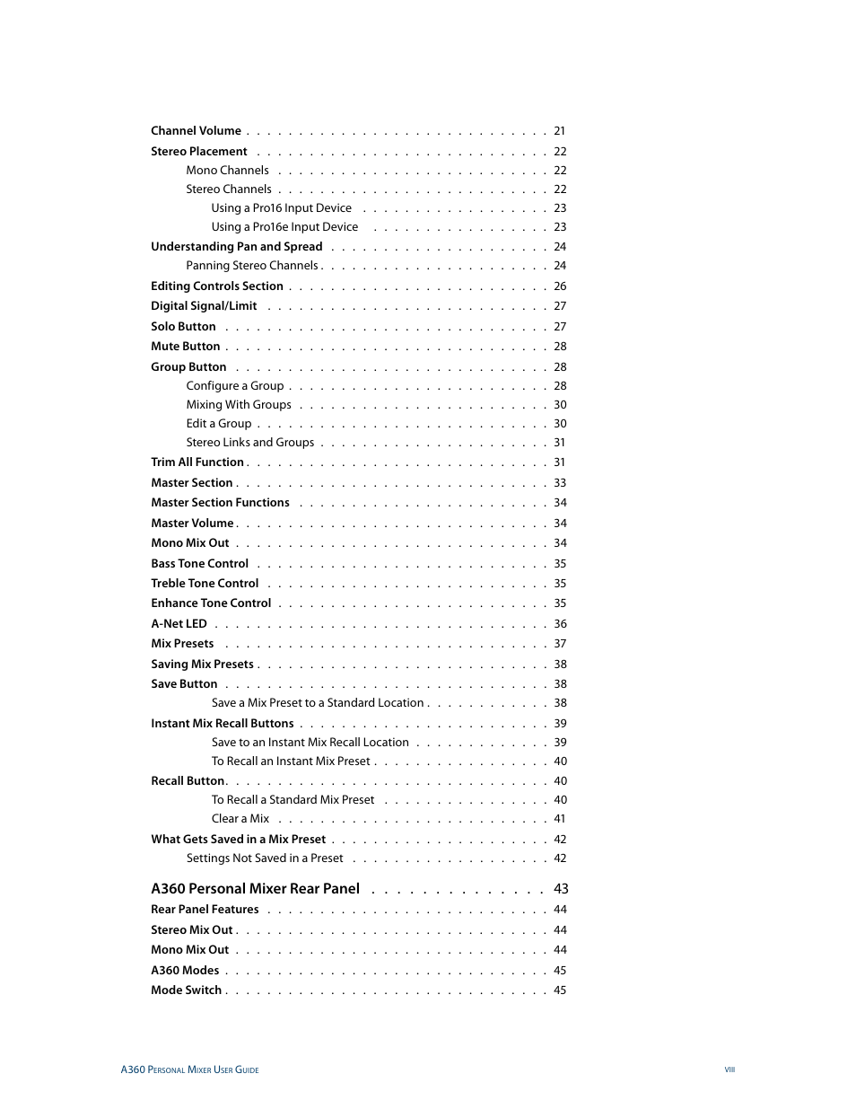 A360 personal mixer rear panel | Aviom A360 User Manual | Page 8 / 89
