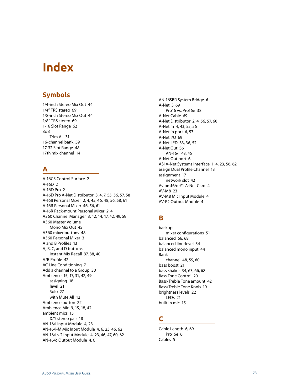 Index, Symbols | Aviom A360 User Manual | Page 82 / 89