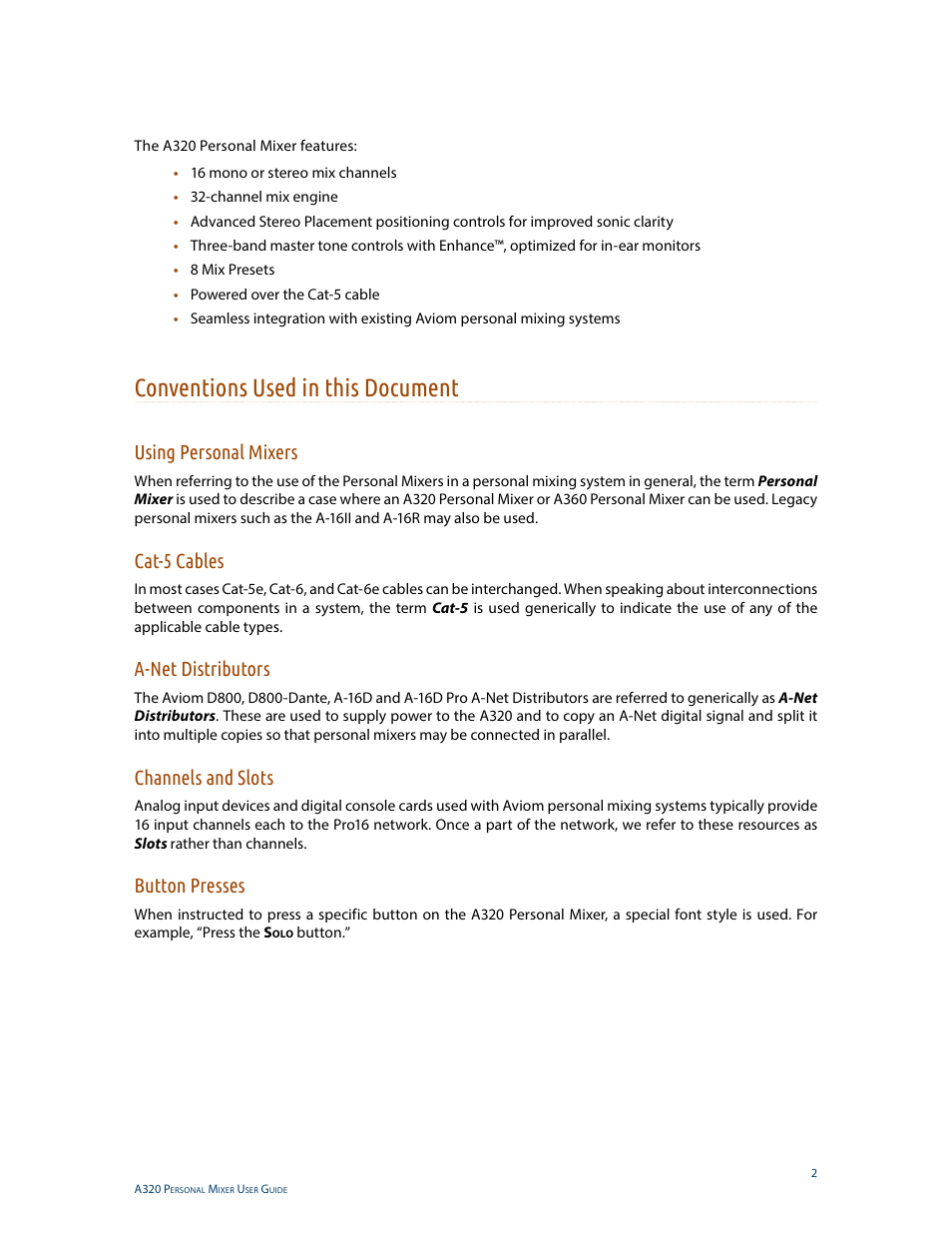 Conventions used in this document, Using personal mixers, Cat-5 cables | A-net distributors, Channels and slots, Button presses | Aviom A320 User Manual | Page 11 / 66