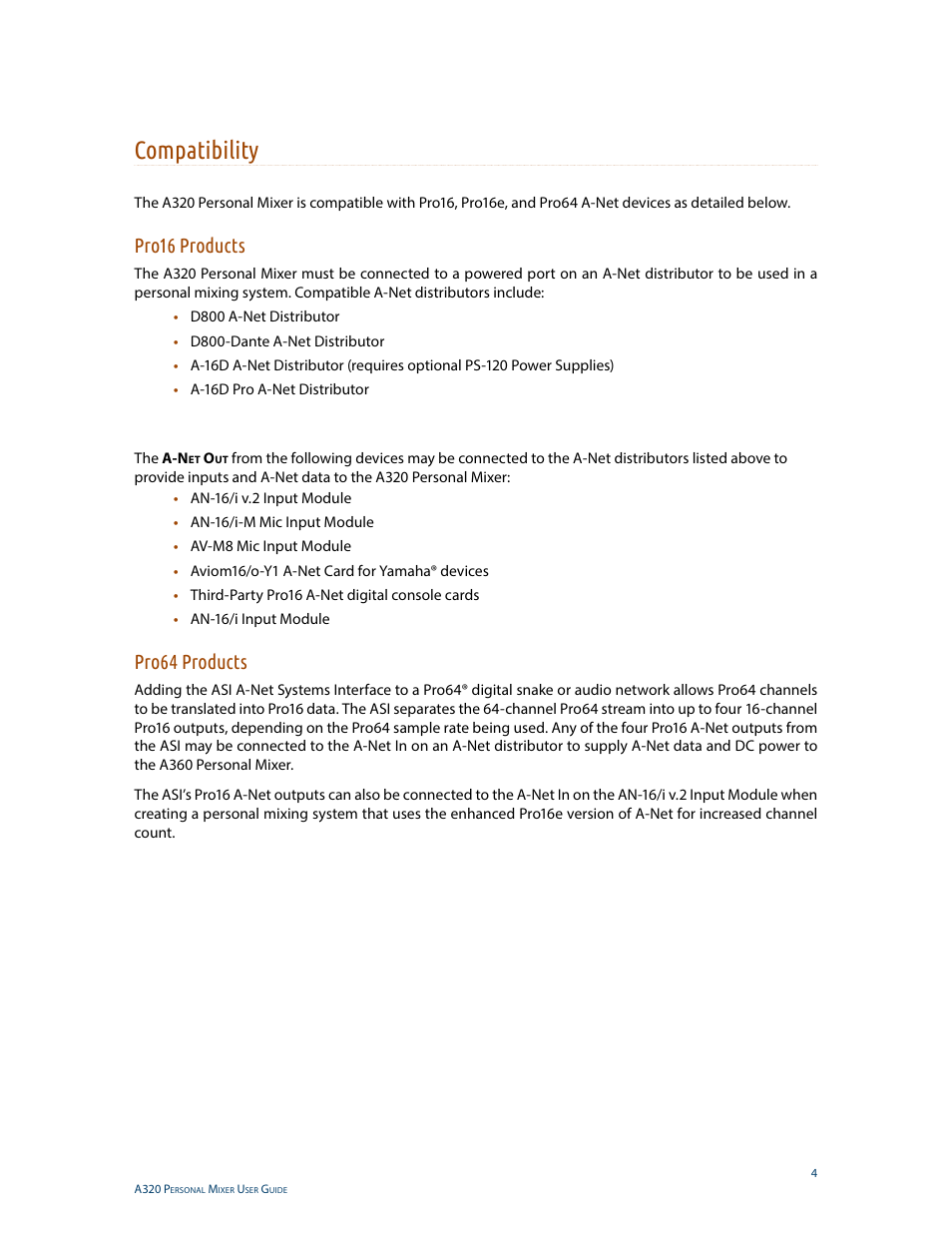 Compatibility, Pro16 products, Pro64 products | Pro16 products pro64 products | Aviom A320 User Manual | Page 13 / 66