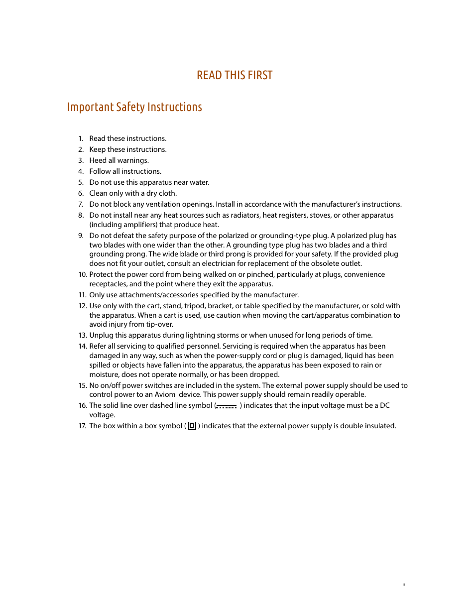 Important safety instructions, Read this first important safety instructions | Aviom A320 User Manual | Page 2 / 66