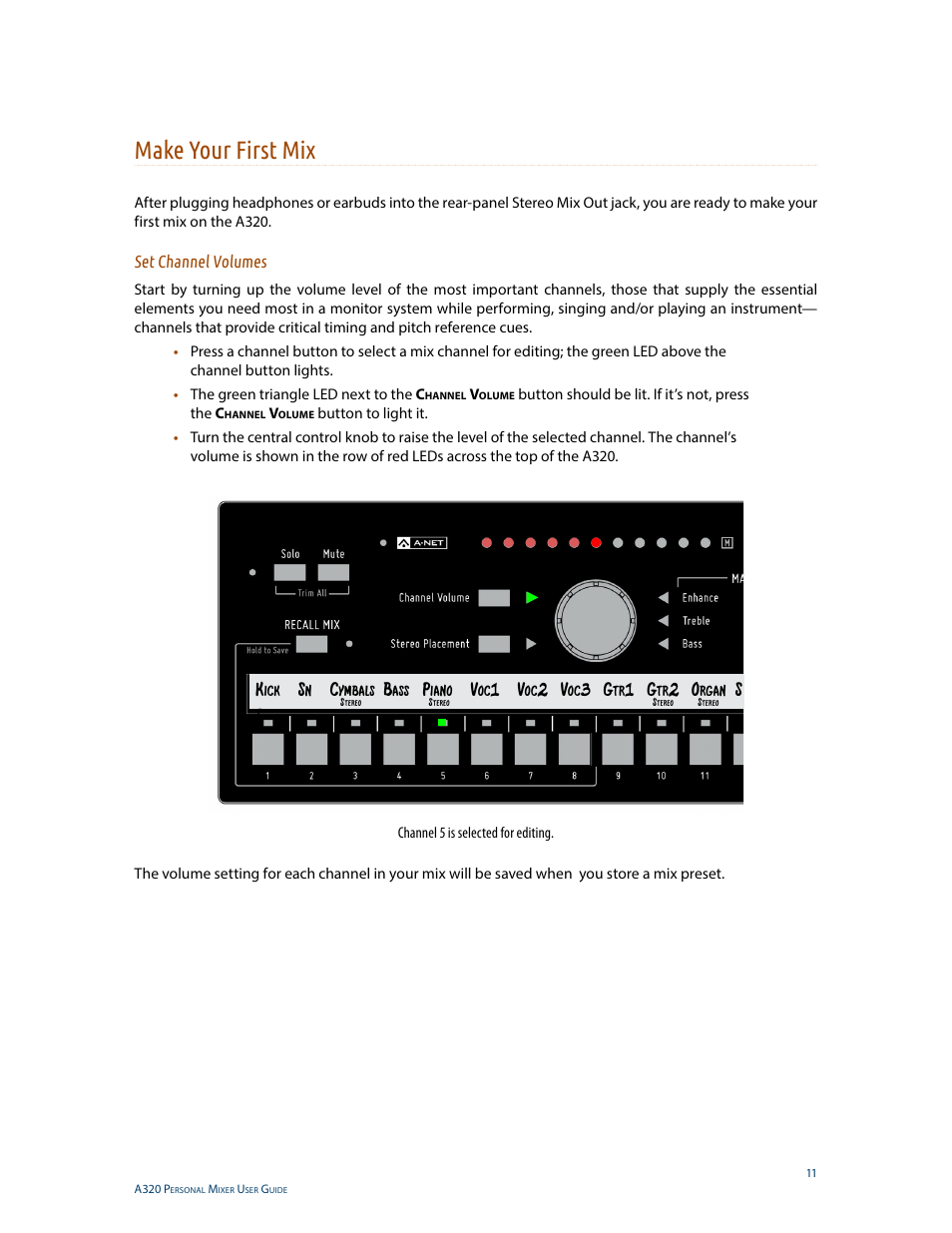 Make your first mix, Set channel volumes | Aviom A320 User Manual | Page 20 / 66