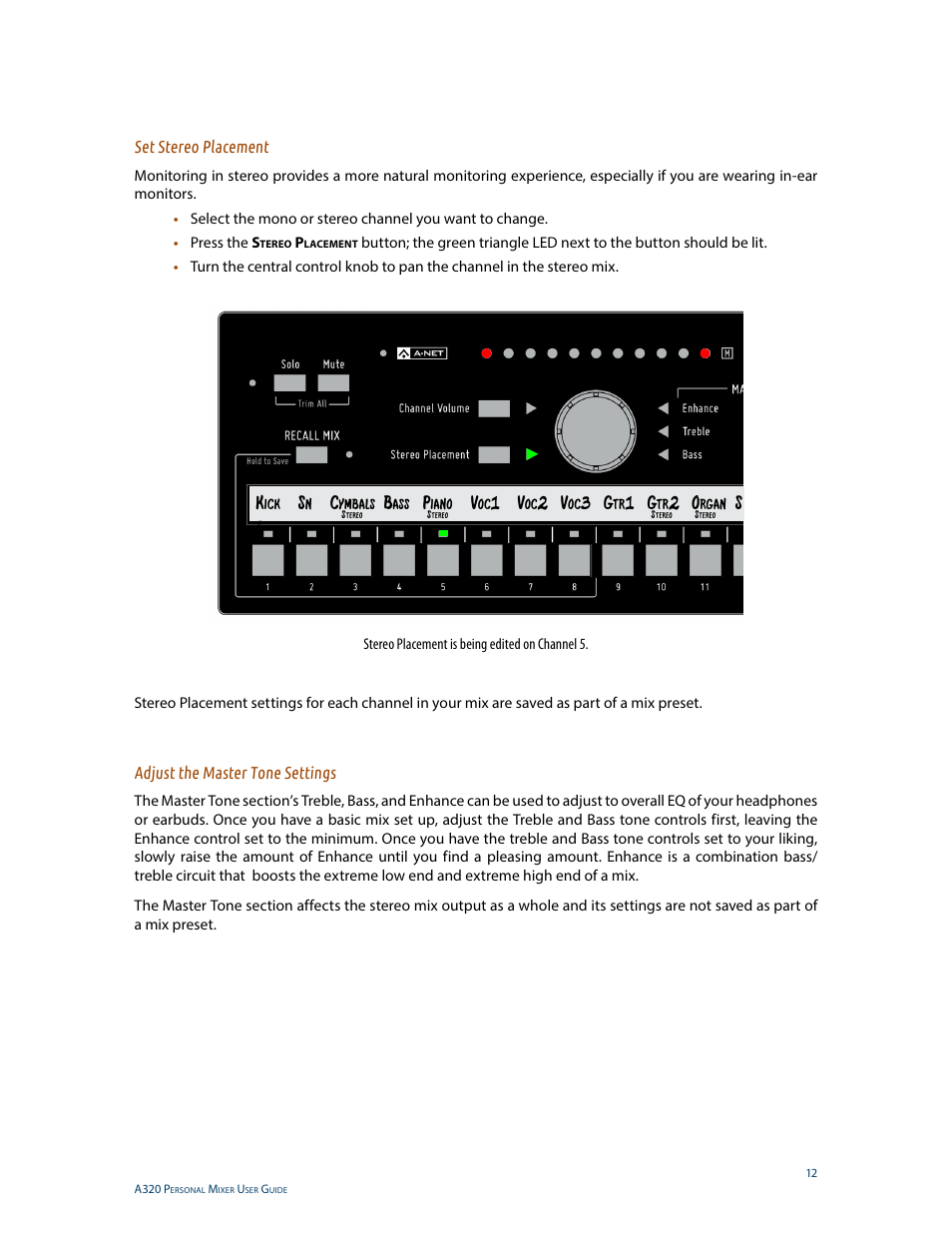 Set stereo placement, Adjust the master tone settings | Aviom A320 User Manual | Page 21 / 66