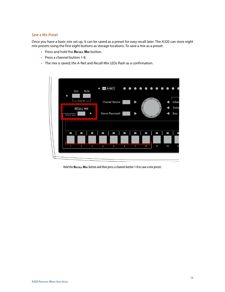 Save a mix preset | Aviom A320 User Manual | Page 22 / 66