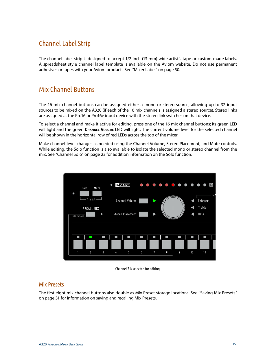Channel label strip, Mix channel buttons, Mix presets | Aviom A320 User Manual | Page 24 / 66