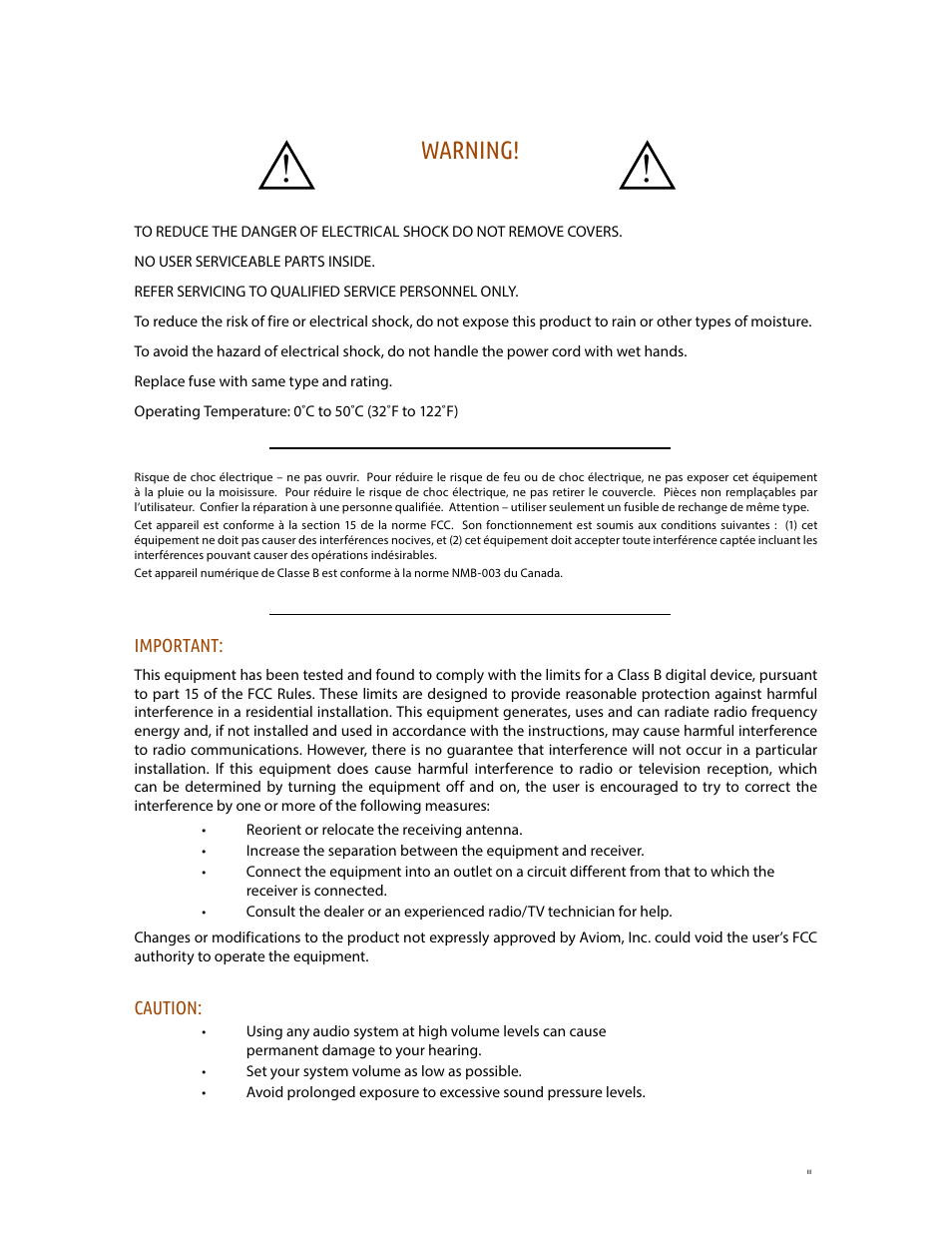 Warning | Aviom A320 User Manual | Page 3 / 66