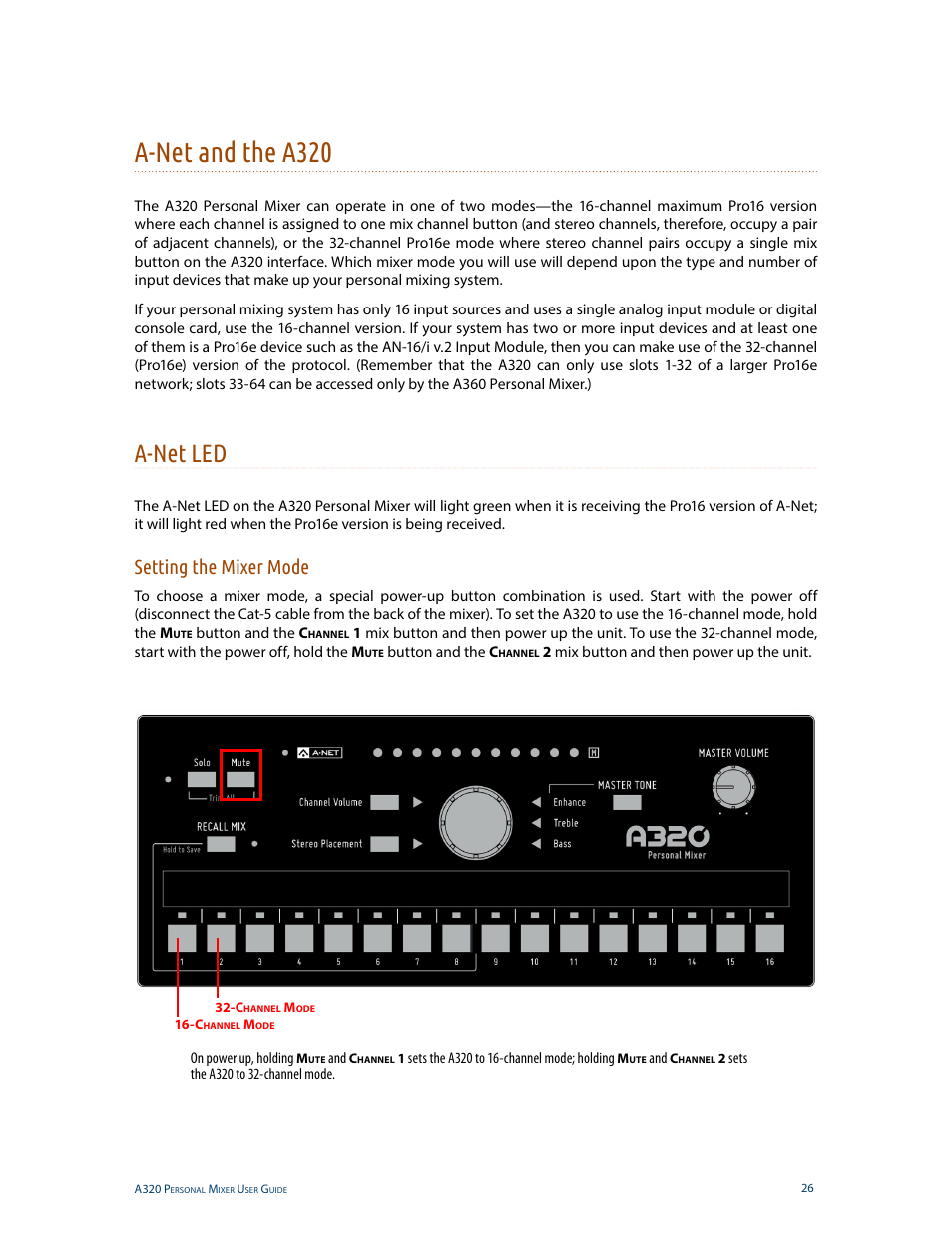A-net and the a320, A-net led, Setting the mixer mode | A-net and the a320 a-net led | Aviom A320 User Manual | Page 35 / 66