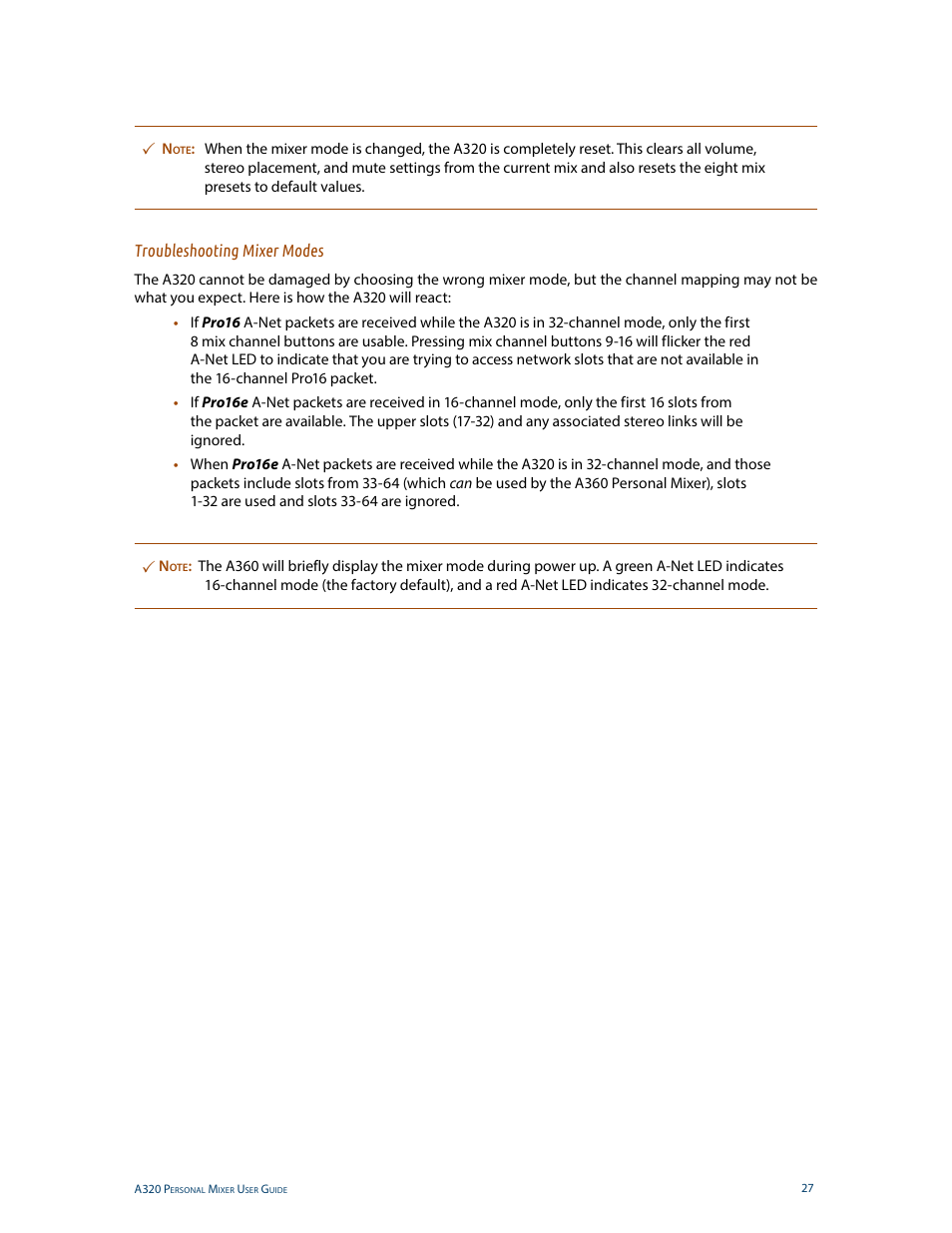 Troubleshooting mixer modes | Aviom A320 User Manual | Page 36 / 66