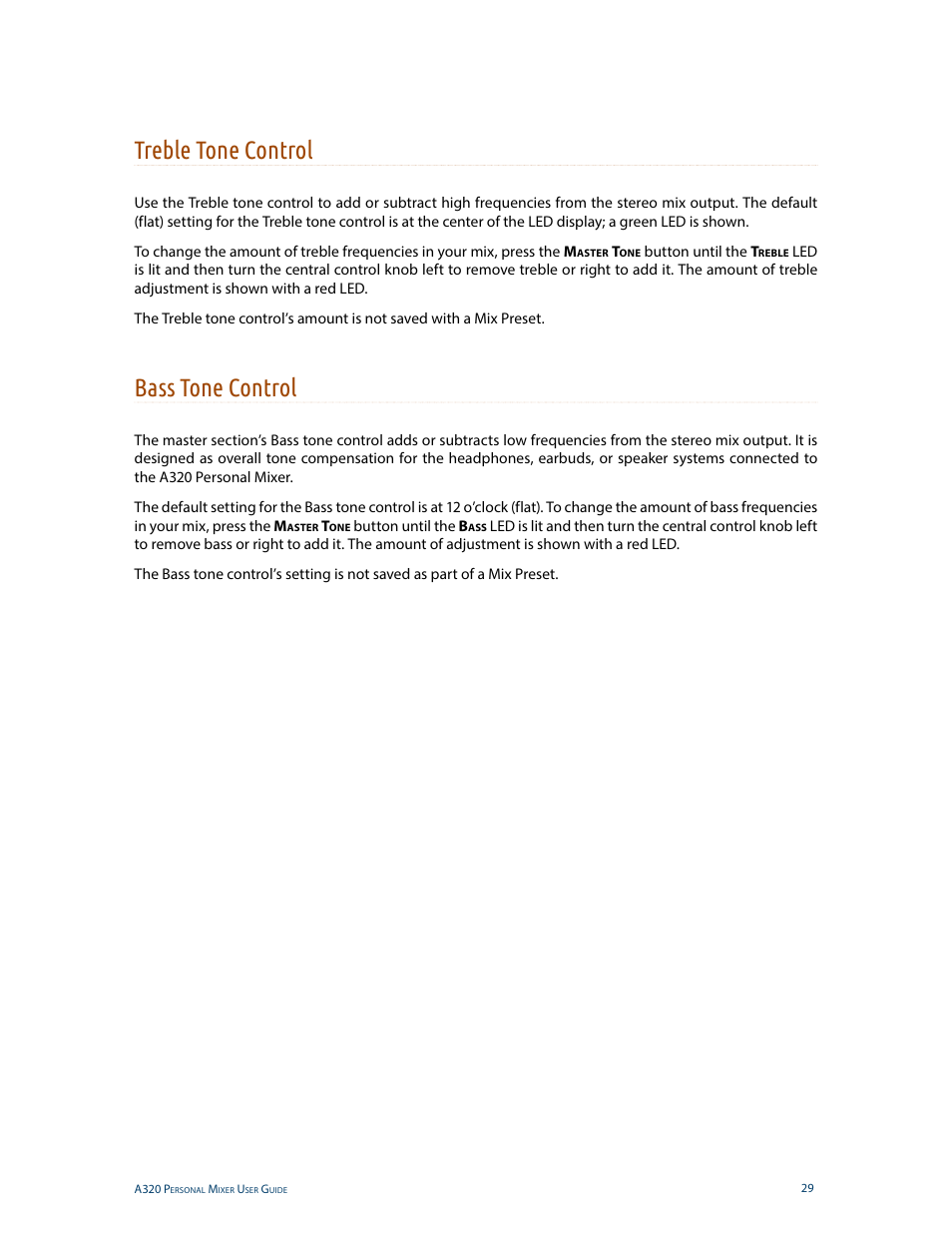Treble tone control, Bass tone control, Treble tone control bass tone control | Aviom A320 User Manual | Page 38 / 66