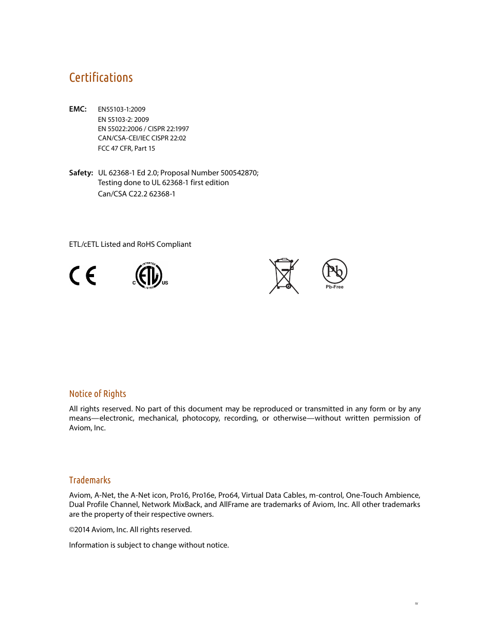 Certifications | Aviom A320 User Manual | Page 4 / 66