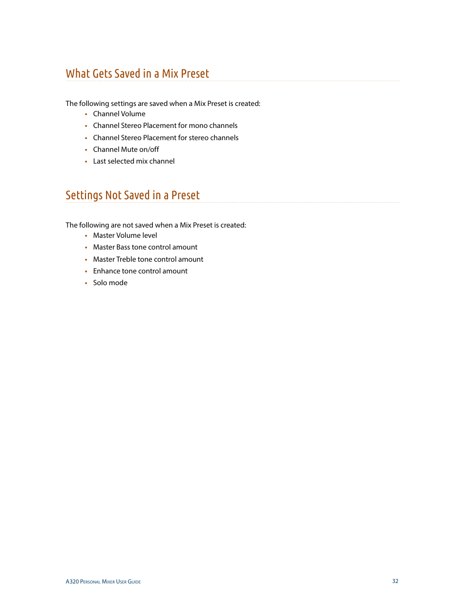 What gets saved in a mix preset, Settings not saved in a preset | Aviom A320 User Manual | Page 41 / 66