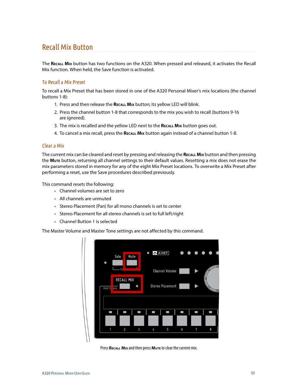 Recall mix button, To recall a mix preset, Clear a mix | To recall a mix preset clear a mix | Aviom A320 User Manual | Page 42 / 66