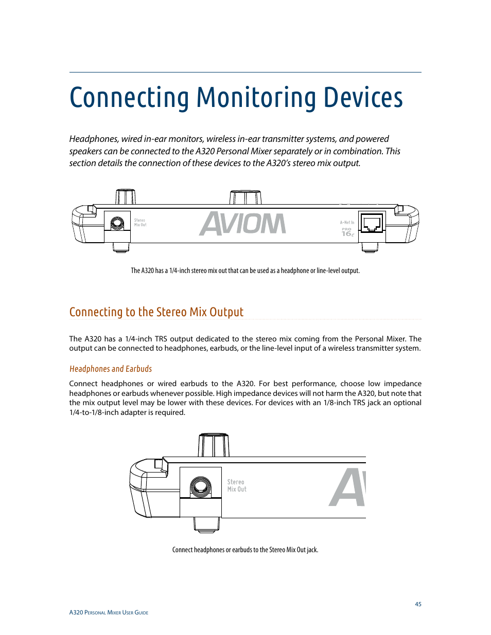 Connecting monitoring devices, Connecting to the stereo mix output, Headphones and earbuds | Aviom A320 User Manual | Page 54 / 66