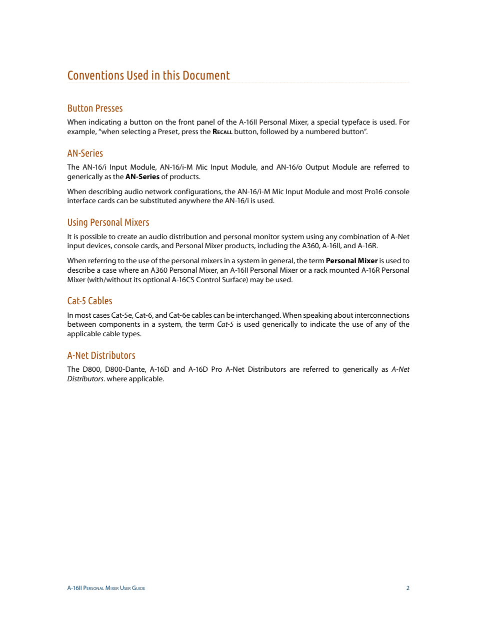 Conventions used in this document, Button presses, An-series | Using personal mixers, Cat-5 cables, A-net distributors | Aviom A-16II User Manual | Page 10 / 53