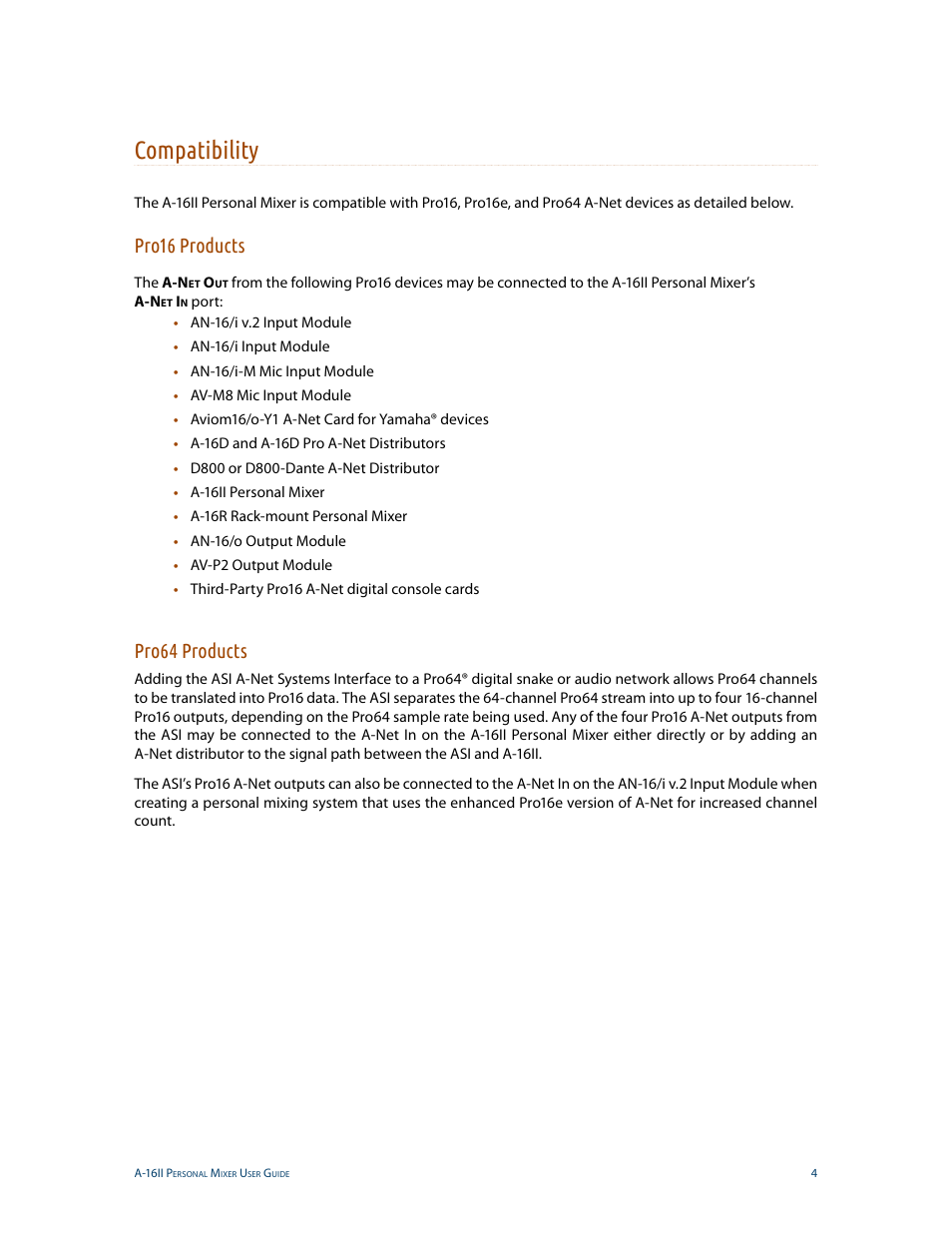 Compatibility, Pro16 products, Pro64 products | Pro16 products pro64 products | Aviom A-16II User Manual | Page 12 / 53