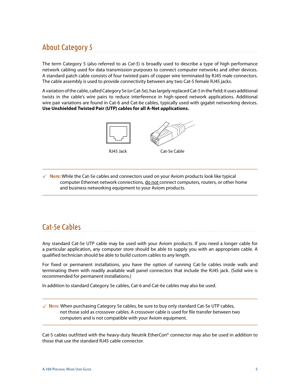 About category 5, Cat-5e cables, About category 5 cat-5e cables | Aviom A-16II User Manual | Page 13 / 53