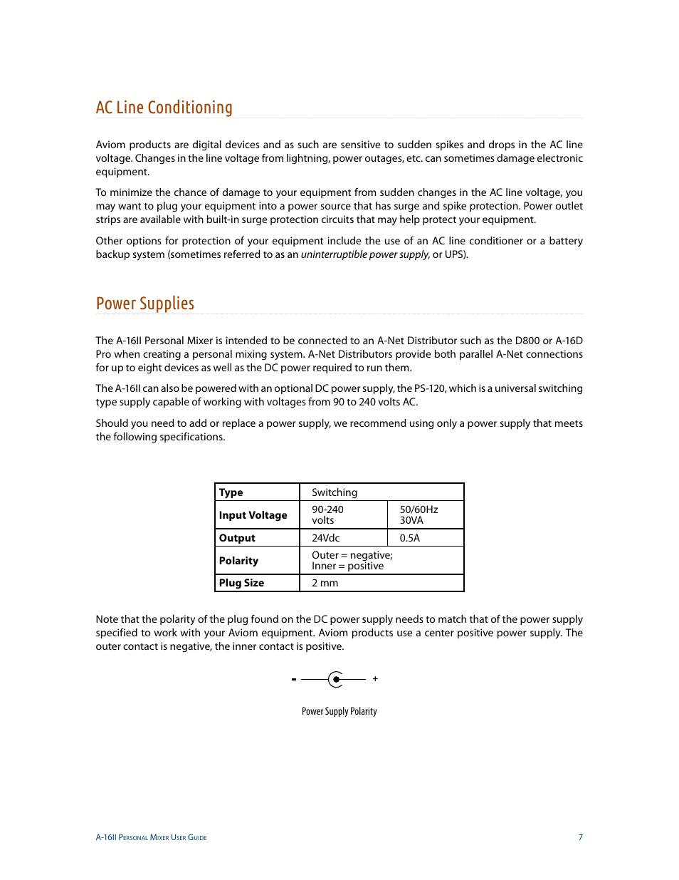 Ac line conditioning, Power supplies, Ac line conditioning power supplies | Aviom A-16II User Manual | Page 15 / 53