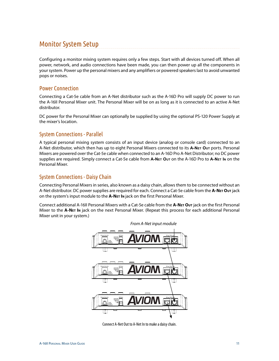 Monitor system setup, Power connection, System connections - parallel | System connections - daisy chain, On the a-16d pro to, On the personal mixer, Jack on the system’s input module to the a-n, Jack on the first personal mixer to the a-n | Aviom A-16II User Manual | Page 19 / 53