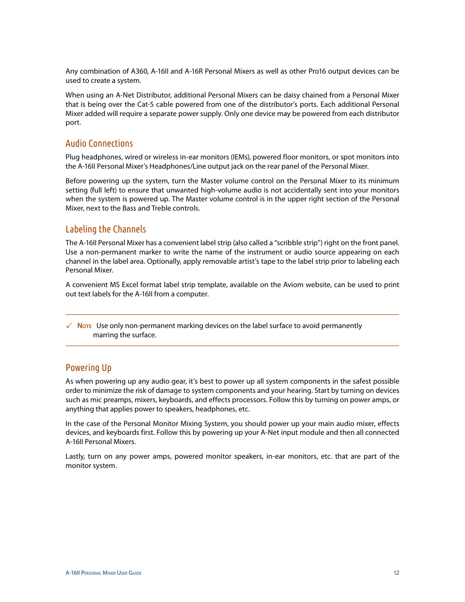 Audio connections, Labeling the channels, Powering up | Aviom A-16II User Manual | Page 20 / 53