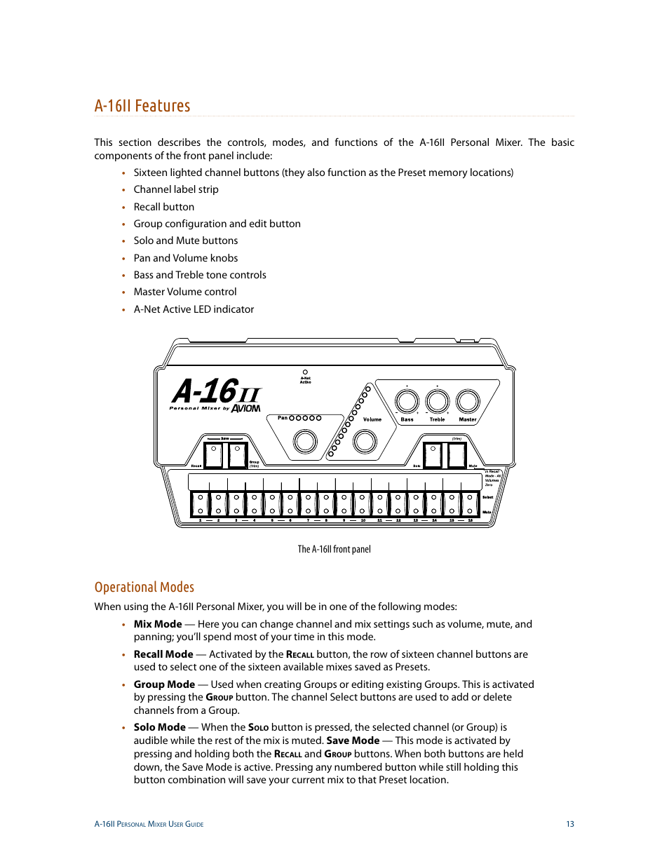A-16ii features, Operational modes | Aviom A-16II User Manual | Page 21 / 53