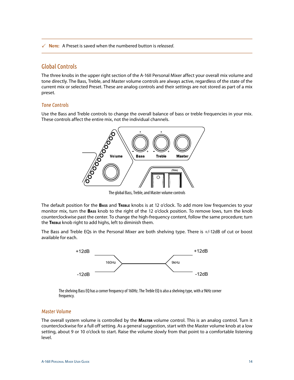 Global controls, Tone controls, Master volume | Tone controls master volume | Aviom A-16II User Manual | Page 22 / 53