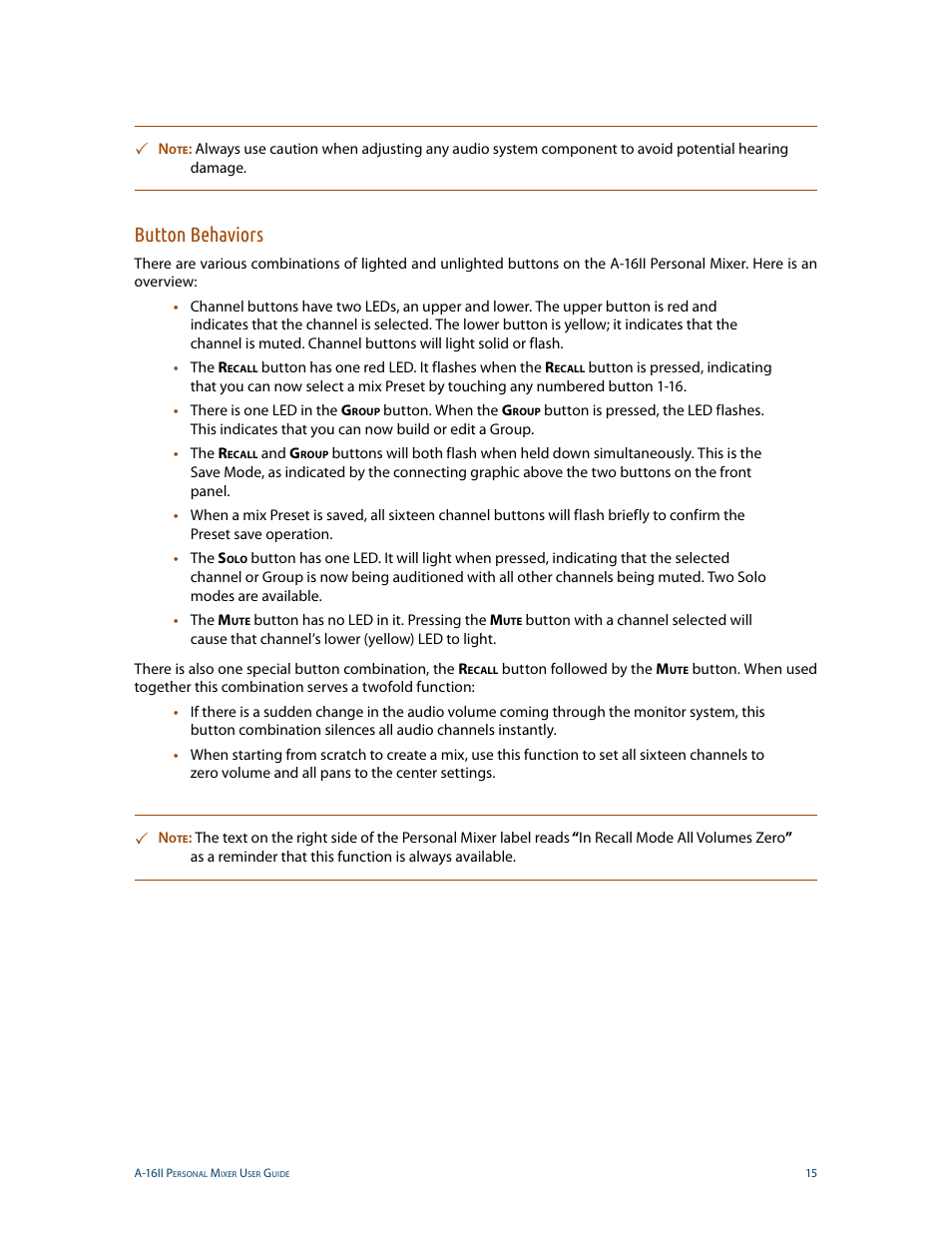 Button behaviors | Aviom A-16II User Manual | Page 23 / 53