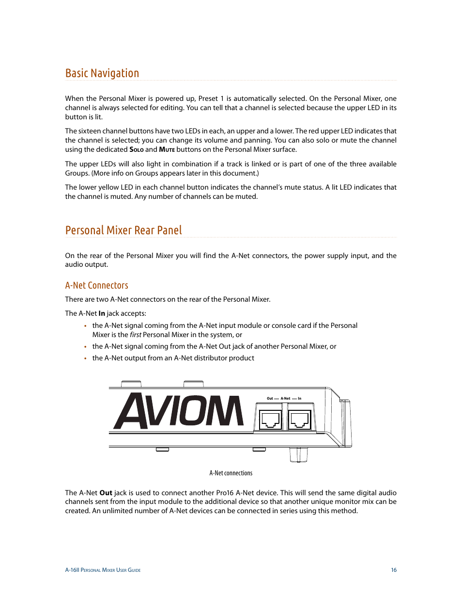 Basic navigation, Personal mixer rear panel, A-net connectors | Aviom A-16II User Manual | Page 24 / 53